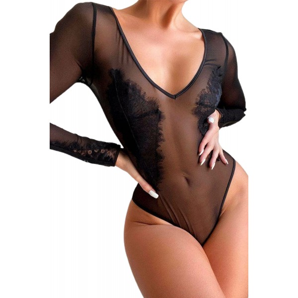 Black Lace See-through Sheer Long Sleeve V Neck Bodysuit