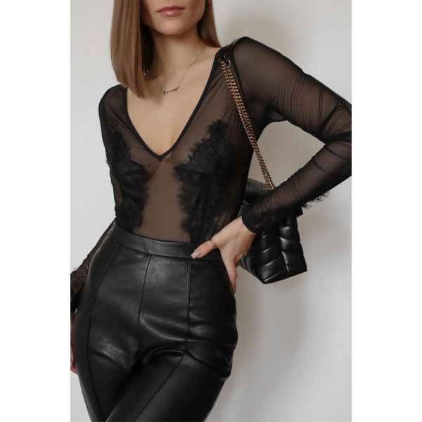 Black Lace See-through Sheer Long Sleeve V Neck Bodysuit