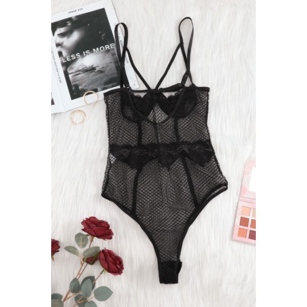 Black Lace Splicing Mesh Bodysuit