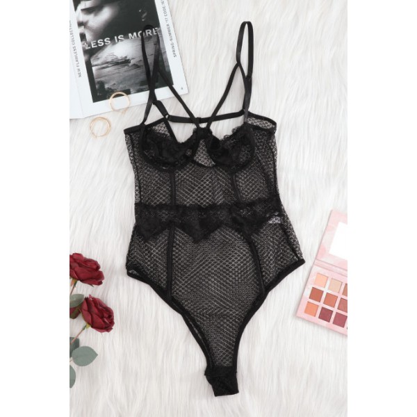 Black Lace Splicing Mesh Bodysuit
