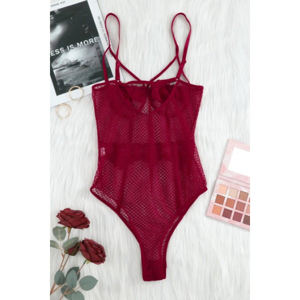 Red Lace Splicing Mesh Bodysuit