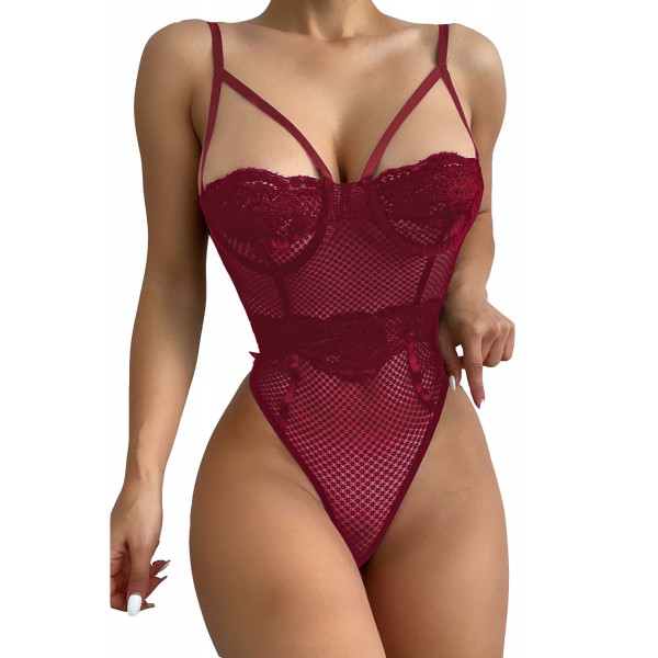 Red Lace Splicing Mesh Bodysuit