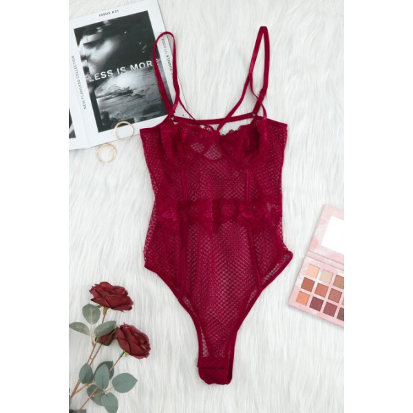 Red Lace Splicing Mesh Bodysuit