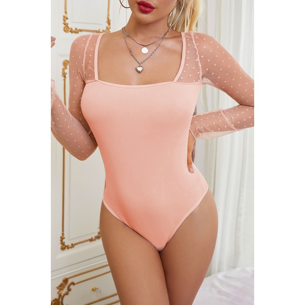 Pink Polka Dot Mesh Patch Sleeve Bodysuit