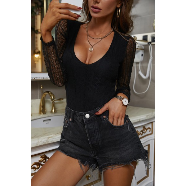 Black Lace Cut-out Deep V Neck Bodysuit