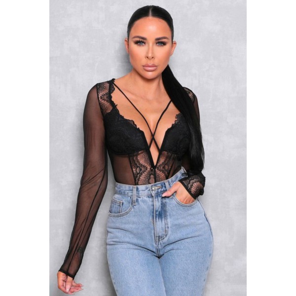 Black Mesh Long Sleeve Lace Plunge Bodysuit