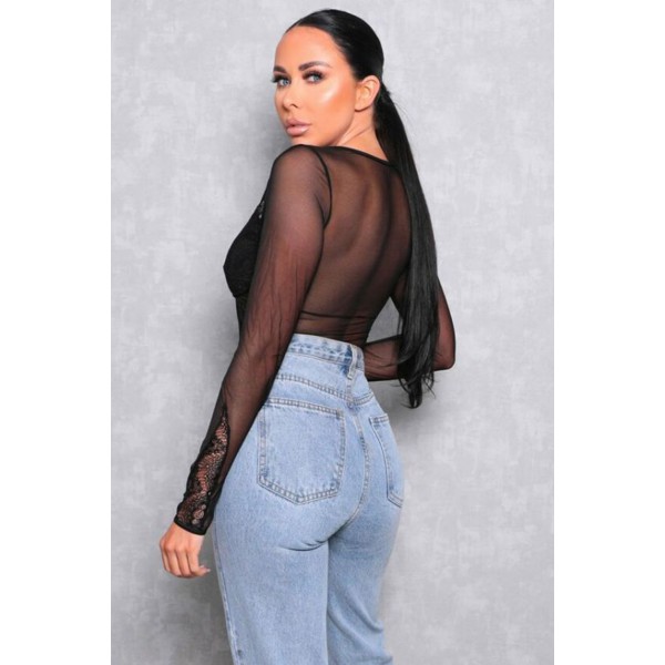 Black Mesh Long Sleeve Lace Plunge Bodysuit