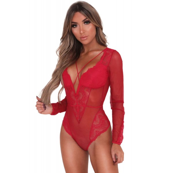 Red Mesh Long Sleeve Lace Plunge Bodysuit