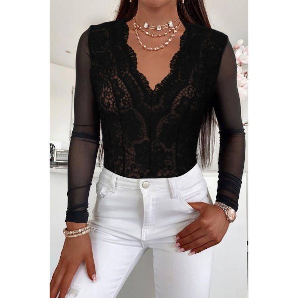 Black Long Sleeve Lace V Neck Mesh Bodysuit