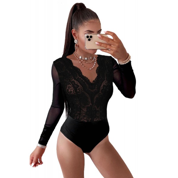 Black Long Sleeve Lace V Neck Mesh Bodysuit