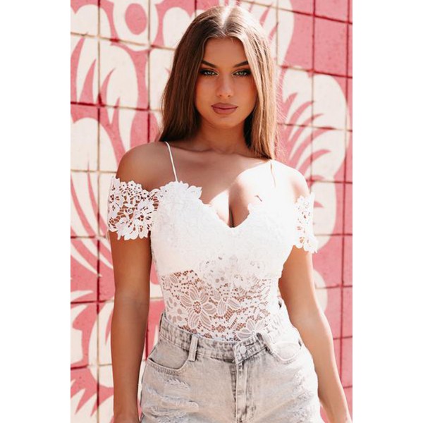 White Cold Shoulder Spaghetti Straps Lace Bodysuit
