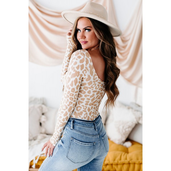 Leopard Print Cut-out Ribbed Long Sleeve Bodysuit