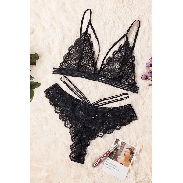 Black Strappy Lace Bralette Set