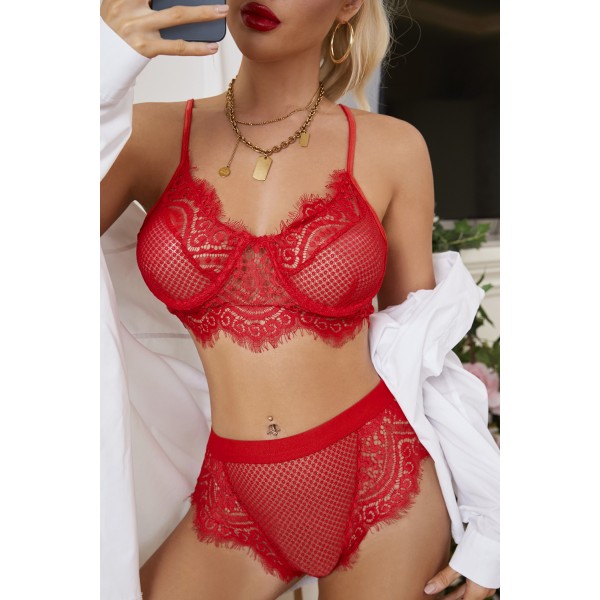 Red Spaghetti Strap Eyelash Lace Bra Set