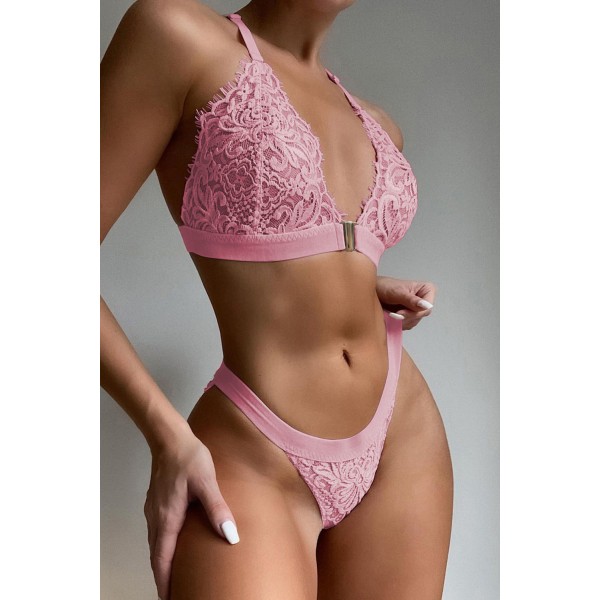 Pink Two-piece Adjustable Straps Lace Bralette Set