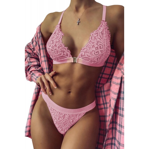 Pink Two-piece Adjustable Straps Lace Bralette Set