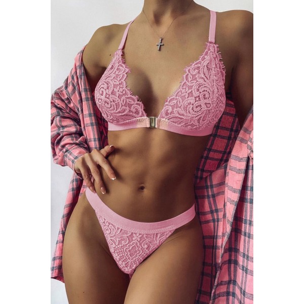 Pink Two-piece Adjustable Straps Lace Bralette Set