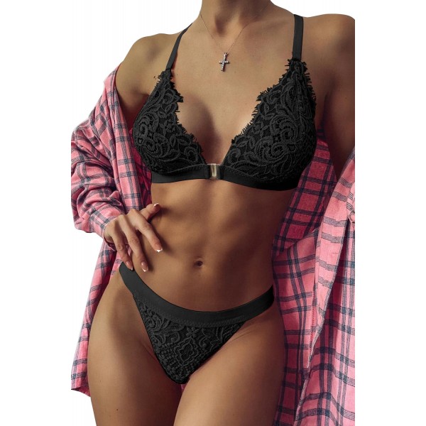 Black Two-piece Adjustable Straps Lace Bralette Set