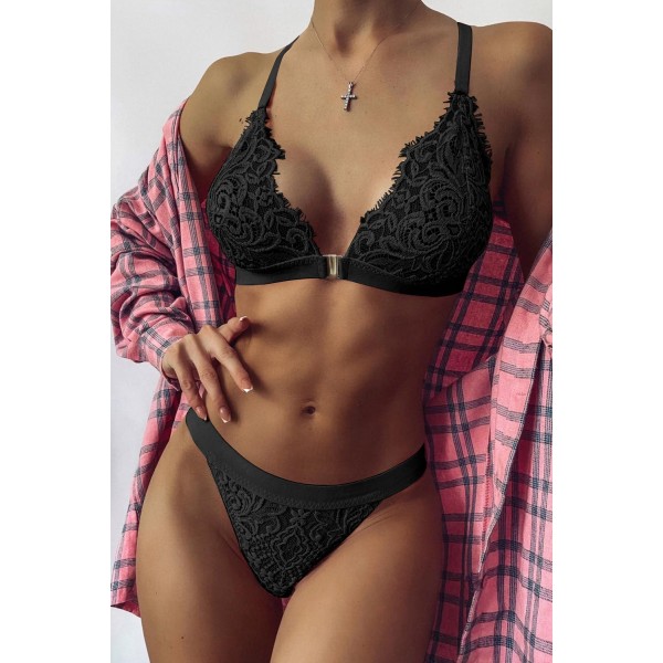 Black Two-piece Adjustable Straps Lace Bralette Set