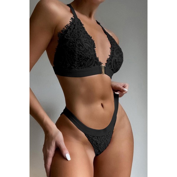 Black Two-piece Adjustable Straps Lace Bralette Set