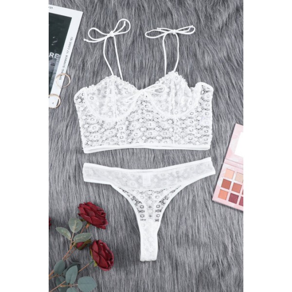 White Lace Ruffle Spaghetti Strap Bralette Set