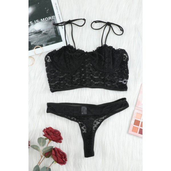 Black Lace Ruffle Spaghetti Strap Bralette Set