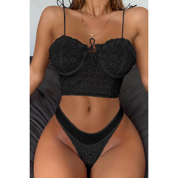 Black Lace Ruffle Spaghetti Strap Bralette Set