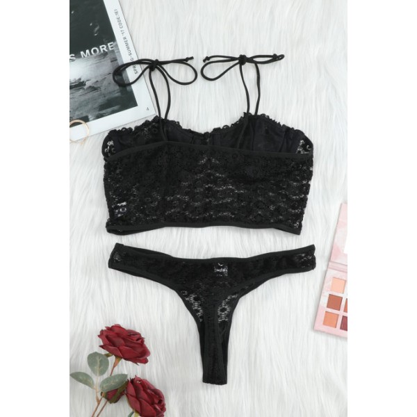 Black Lace Ruffle Spaghetti Strap Bralette Set