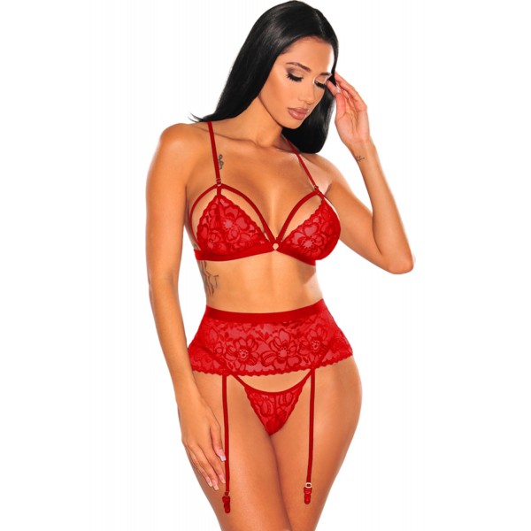 Red Lace Strappy 3pcs Lingerie Set with Garter Belt