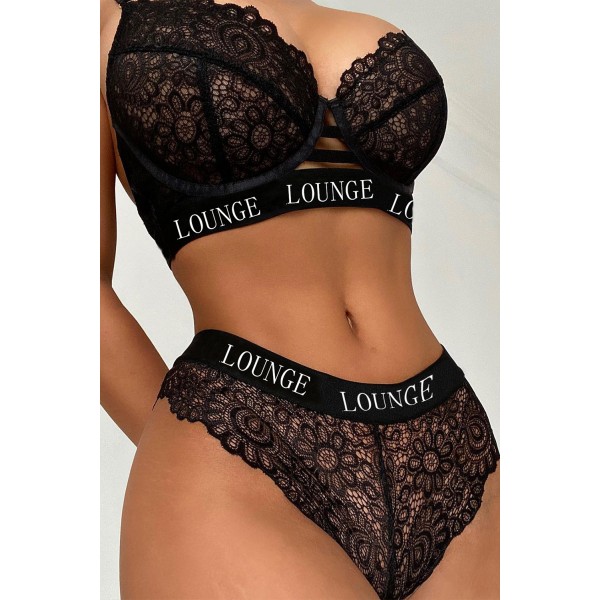 Black Letter Print Lace Bralette Set