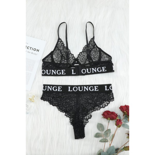 Black Letter Print Lace Bralette Set
