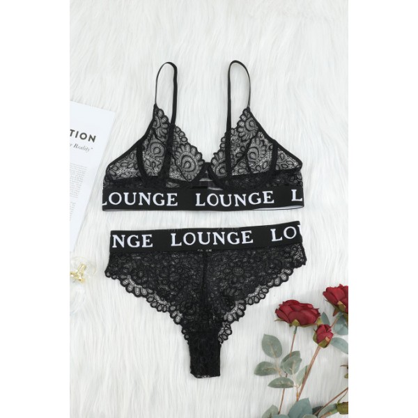 Black Letter Print Lace Bralette Set