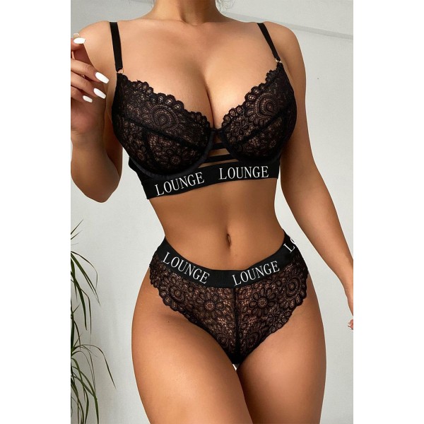 Black Letter Print Lace Bralette Set