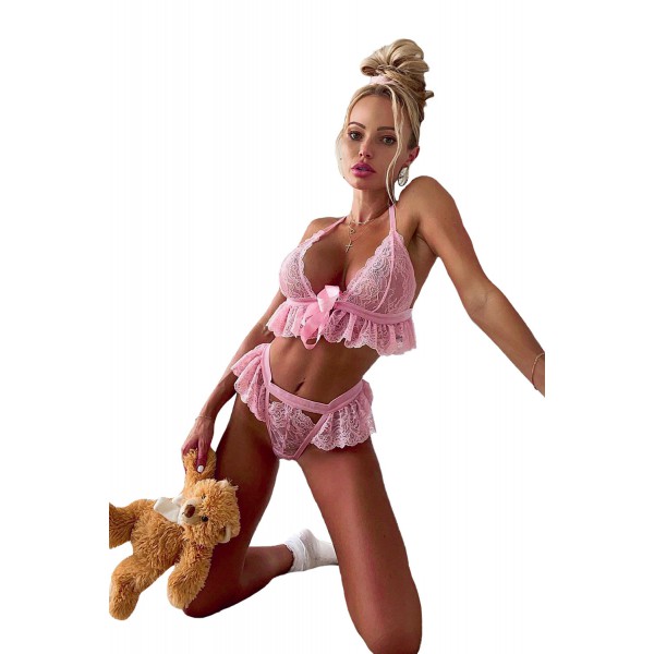 Pink Ruffle Lace Bralette Lingerie Set