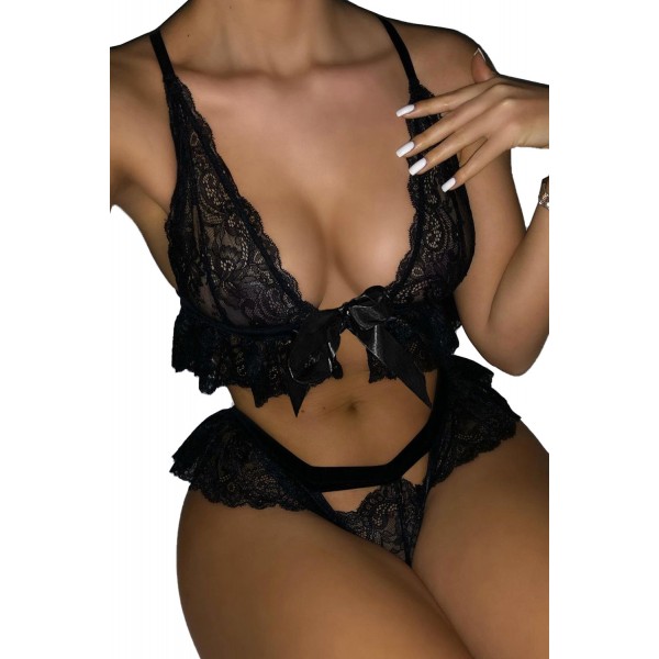 Black Ruffle Lace Bralette Lingerie Set