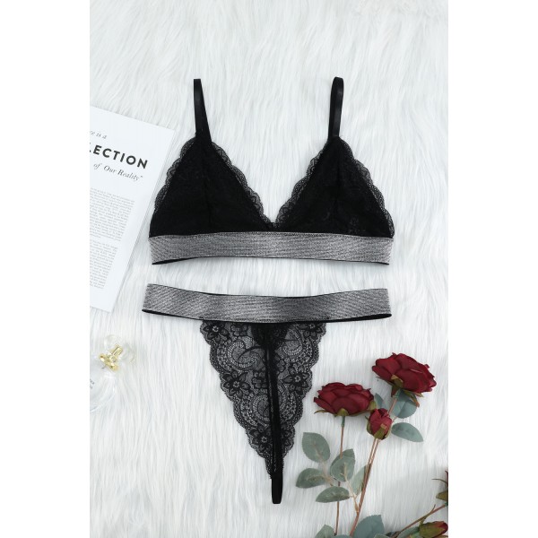 Black Wide Elastic Band Lace Bra and Panty Set