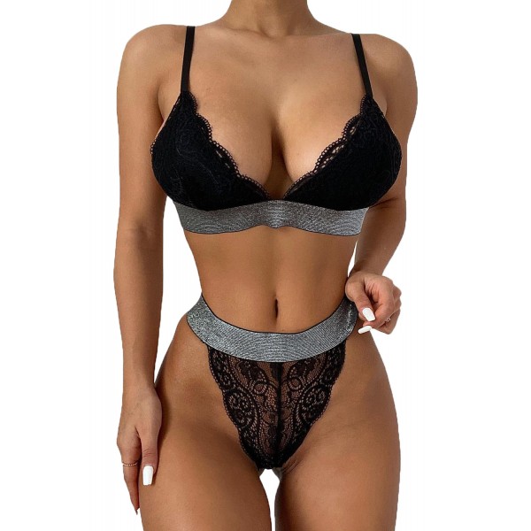 Black Wide Elastic Band Lace Bra and Panty Set