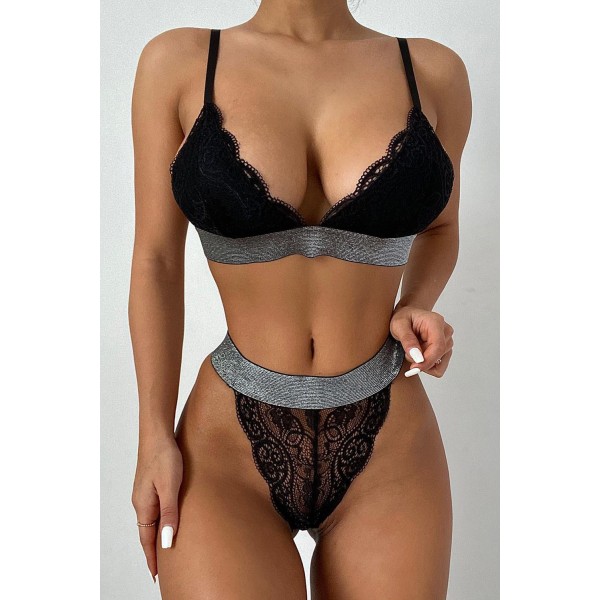 Black Wide Elastic Band Lace Bra and Panty Set