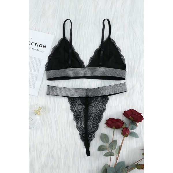 Black Wide Elastic Band Lace Bra and Panty Set