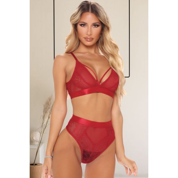 Red Criss Cross Lace Mesh Splicing Bralette Set