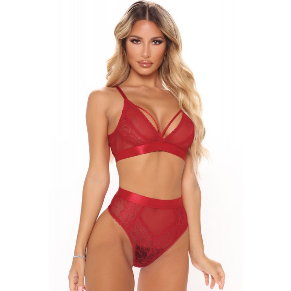 Red Criss Cross Lace Mesh Splicing Bralette Set