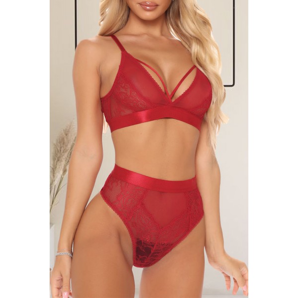 Red Criss Cross Lace Mesh Splicing Bralette Set