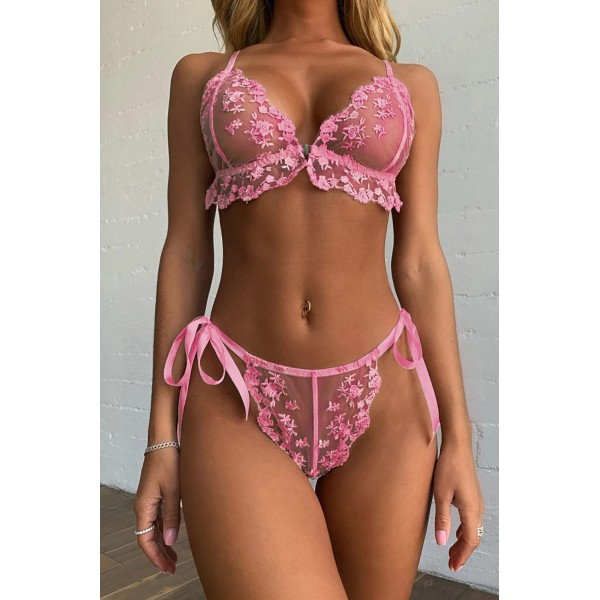 Pink Floral Embroidery Mesh Lace-up Bra and Panty Set