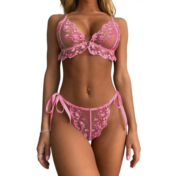 Pink Floral Embroidery Mesh Lace-up Bra and Panty Set
