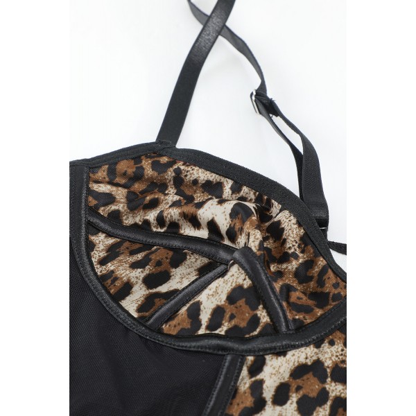 Leopard Splicing Adjustable Spaghetti Strap 2pcs Lingerie Set