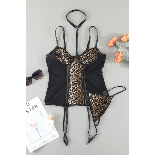 Leopard Splicing Adjustable Spaghetti Strap 2pcs Lingerie Set