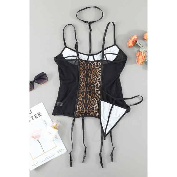 Leopard Splicing Adjustable Spaghetti Strap 2pcs Lingerie Set