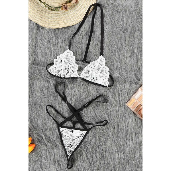 White Lace Halter Bralette and Strappy Thong Set