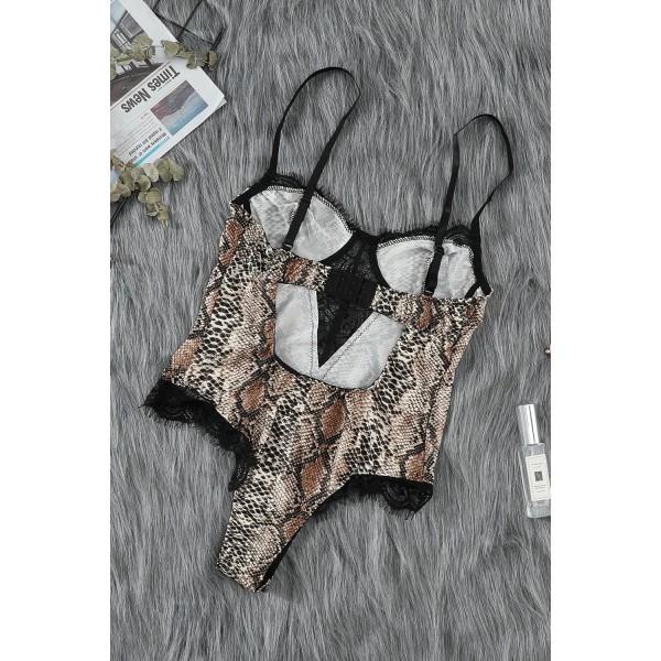 Spaghetti Strap Backless Snake Printed Teddy