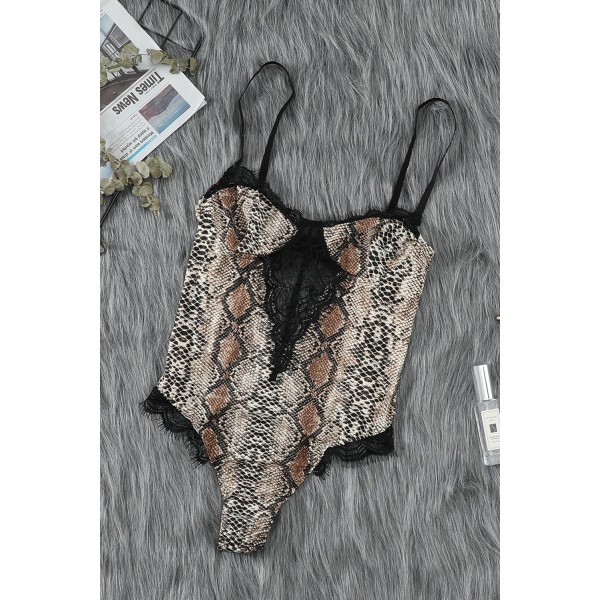 Spaghetti Strap Backless Snake Printed Teddy